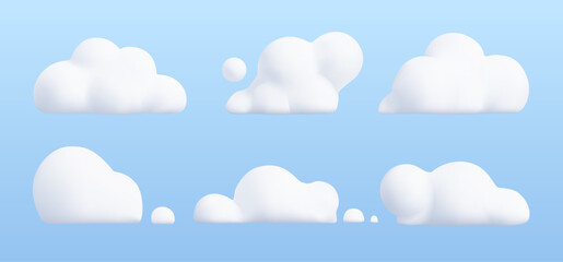 Fluffy white clouds floating in blue sky. 3D render of soft cotton-like cloud shapes. Perfect for weather illustrations, nature backgrounds, and atmospheric designs.