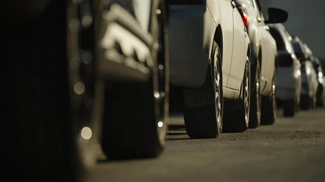 Low-angle view of a line of parked cars along a sunlit urban street, focusing on wheels, tires, and rear bumpers, with shallow depth of field emphasizing roadside alignment