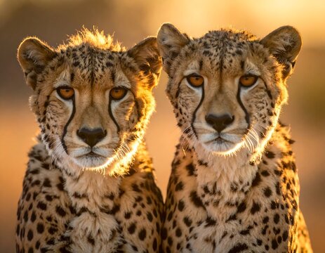 Two cheetahs face-on at sunrise - Powered by Adobe