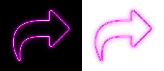 Curved pink neon arrow pointing right on black and transparent backgrounds, bright directional outline icon for navigation and UI design