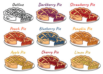 Hand drawn vector illustration of delicious baked fruit pies and slices: darkberry, strawberry, peach, blueberry, pumpkin, apple, cherry, and lemon pie. Perfect for menus or recipe designs.