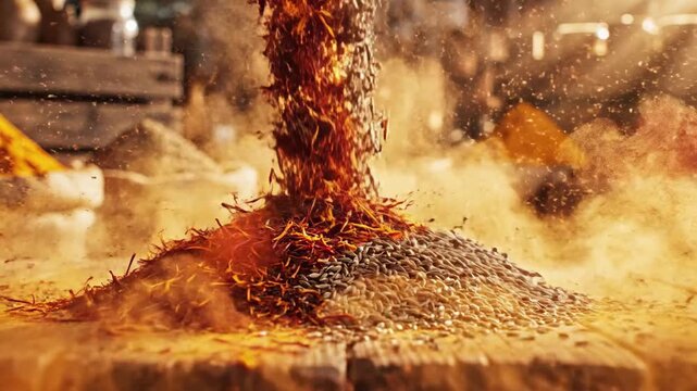 Saffron threads and seeds falling onto a rustic wooden table with spice sacks in the background
