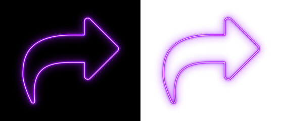 Curved purple neon arrow pointing right on black and transparent backgrounds, bright directional outline icon for navigation and UI design