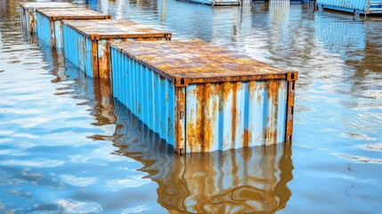 Submerged rusted metal shipping containers partially under water with blue walls and reflections