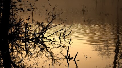 Silhouette of bare tree branches and twigs reflected on the rippling surface of muddy floodwater at dawn or dusk