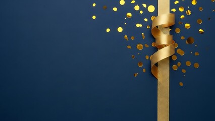 Twisted gold ribbon with scattered gold confetti dots on dark blue background