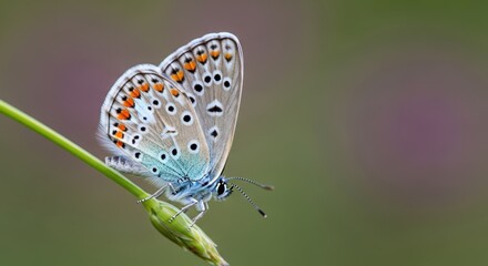 Obraz premium Delicate blue butterfly with orange spots perched on a green stem in soft focus