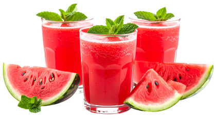 Three vibrant watermelon smoothies with mint garnish, beside fresh sliced fruit on a white background