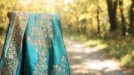 Silk Embroidered Sash in Regal Turquoise and Gold Displayed
