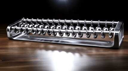 Silver plated abacus with beads frozen mid calculation on a wooden table