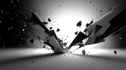 Stylized abstract geometric shapes exploding in a dynamic monochrome burst of fragments and debris with sharp angles and intense light
