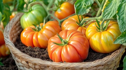 Sun ripened heirloom tomatoes overflowing a woven basket