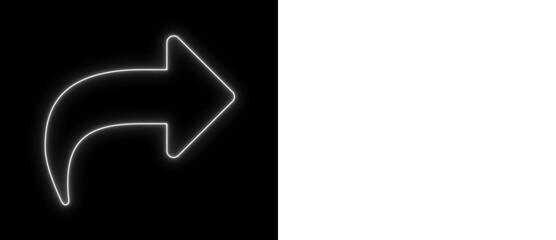 Curved white neon arrow pointing right on black and transparent backgrounds, bright directional outline icon for navigation and UI design