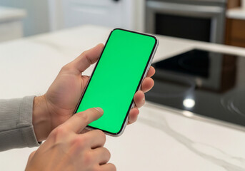 Hand Tapping Green Screen Smartphone Mockup in Kitchen