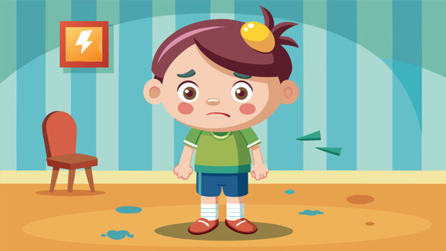 Young boy looks upset with a head bump after an indoor accident