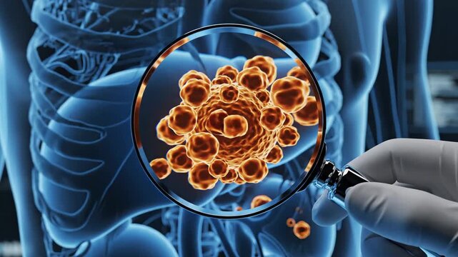 Cancer Cell Magnification - The video depicts a detailed illustration of cancer cells within a human body.