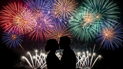 Colorful pyrotechnics burst in the night sky during a festive New Year celebration featuring a vibrant red and blue firework display for a holiday event