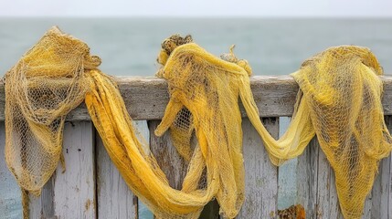 Tangled and frayed yellow fishing nets draped over a weathered wooden railing with the ocean in the background