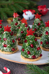 Festive snack on crackers in form of Christmas tree made of cheese, pomegranate, dill and stars from red pepper