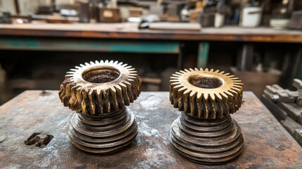 Tarnished Brass Gears on Stacked Metal Base Displaying Detail