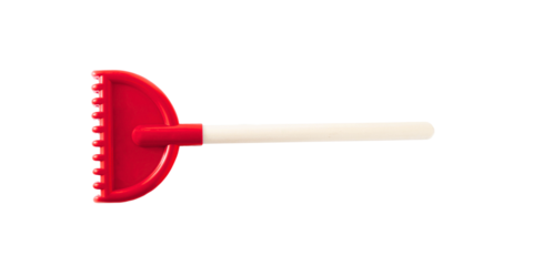 Bright red plastic toy rake with a white handle on transparent background