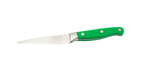 A sharp, gleaming kitchen knife with a vibrant green handle, perfect for culinary tasks