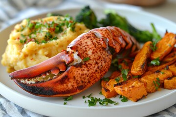 Fototapeta premium Gourmet lobster claw dish with mashed potatoes and sweet potatoes