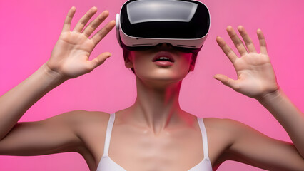 Woman Experiencing Virtual Reality with VR Headset on Pink Background
