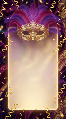 Fundo de Carnaval Brasileiro Luxuoso com M&aacute;scara Dourada e Amplo Espa&ccedil;o para Texto - Template Festivo 3D para An&uacute;ncios