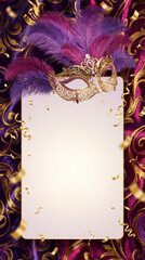 Fundo de Carnaval Brasileiro Luxuoso com M&aacute;scara Dourada e Amplo Espa&ccedil;o para Texto - Template Festivo 3D para An&uacute;ncios