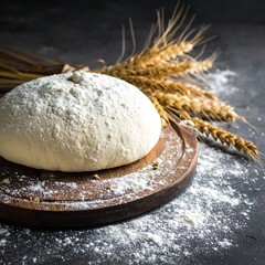 Unbaked dough ball dusted with flour on a wooden board near wheat stalks