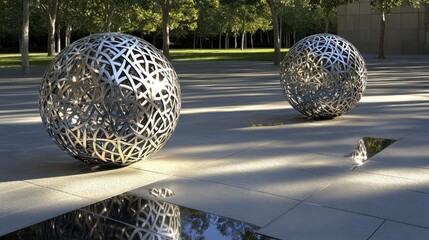 Two Gleaming Chrome Spheres Displayed Outdoors in a Park Setting