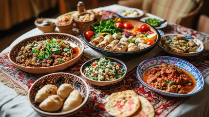 Obraz premium Variety of Cultural Dishes Served on a Dinner Table