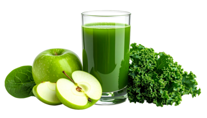 Refreshing green juice with apples, spinach, and kale, in a tall glass, against black