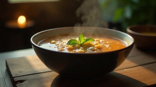 A bowl of hot soup placed on a wooden table, ready for serving
