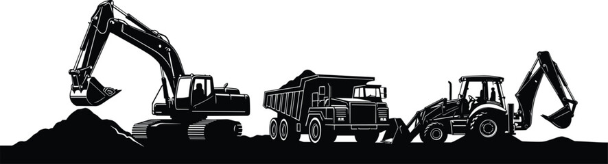 Construction Heavy Machinery Silhouettes with Excavator Dump Truck and Backhoe Loader Black Vector Illustration Isolated on White