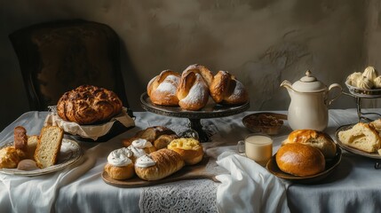 Variety of baked breads and pastries on a breakfast table