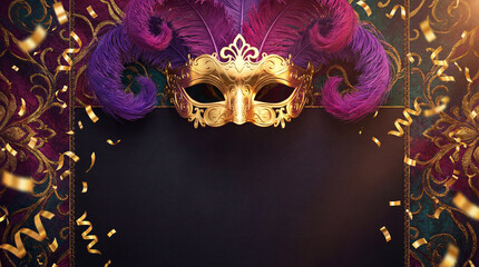 Fundo de Carnaval Brasileiro Luxuoso com M&aacute;scara Dourada e Amplo Espa&ccedil;o para Texto - Template Festivo 3D para An&uacute;ncios