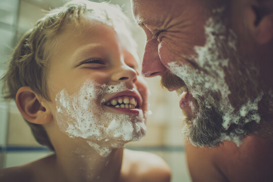 Father teaching son shaving in bathroom with happy expressions, both faces covered in shaving foam, close up, family bonding, morning routine, joyful moment, natural light - Powered by Adobe