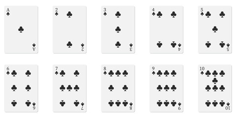 Spade suit playing cards shown from ace through ten. Black spade pips form a clean casino card set on white background. Ideal for poker visuals, gambling themes, and card game illustrations.