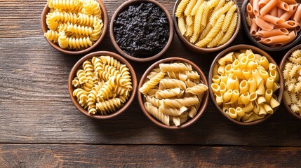 Various types of dried pasta arranged in wooden bowls