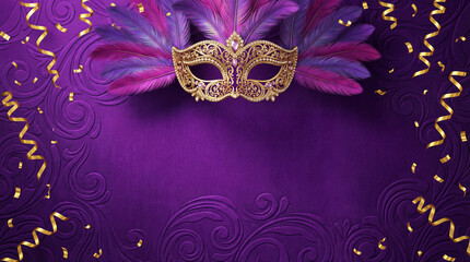 Fundo de Carnaval Brasileiro Luxuoso com M&aacute;scara Dourada e Amplo Espa&ccedil;o para Texto - Template Festivo 3D para An&uacute;ncios