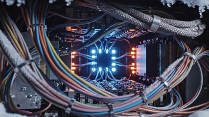 Frozen Computer System - Close up shot of computer system featuring wires and lights, with a buildup of frost and snow on the exterior. - Powered by Adobe
