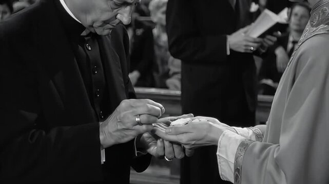Priest giving eucharist bread Christian Communion Holy Sacrament Faith Ceremony Sacred Worship Host Devotion Monochrome