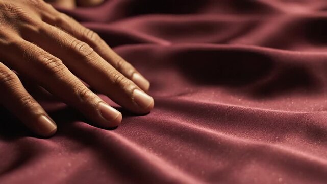 Close-up of a hand gently touching soft, shimmering fabric surface with flowing drapes