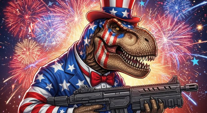 Patriotic t-rex dinosaur in uncle sam hat holding rifle amidst fireworks illustration