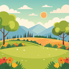 Fototapeta premium Peaceful Animated Landscape Sunny Sky Green Trees and Colorful Flowers