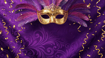 Fundo de Carnaval Brasileiro Luxuoso com M&aacute;scara Dourada e Amplo Espa&ccedil;o para Texto - Template Festivo 3D para An&uacute;ncios