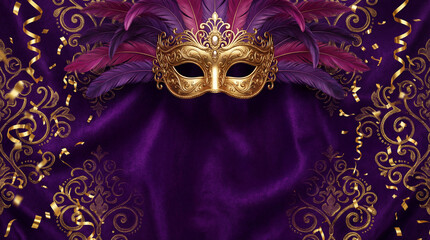 Fundo de Carnaval Brasileiro Luxuoso com M&aacute;scara Dourada e Amplo Espa&ccedil;o para Texto - Template Festivo 3D para An&uacute;ncios