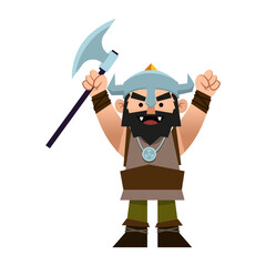 Obraz premium Fierce cartoon warrior celebrates victory with battle axe raised high, a fun and energetic vector graphic perfect for gaming, history, and fantasy projects
